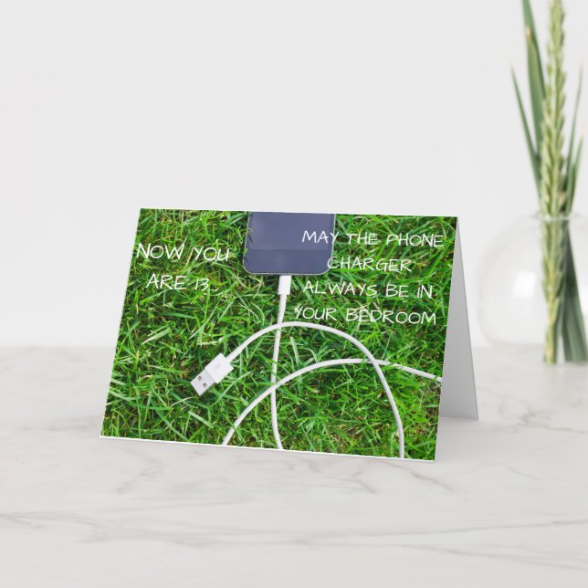 Lustigt mobilt laddare, 13:e födelsedagskort kort (Framsida)