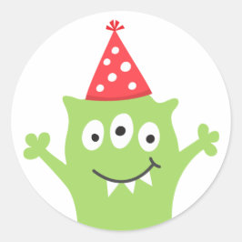 Lustigt monster med party hat runt klistermärke
