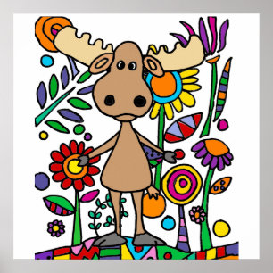 Lustigt Moose i Blomsterträdgård Art Abstrakt Poster