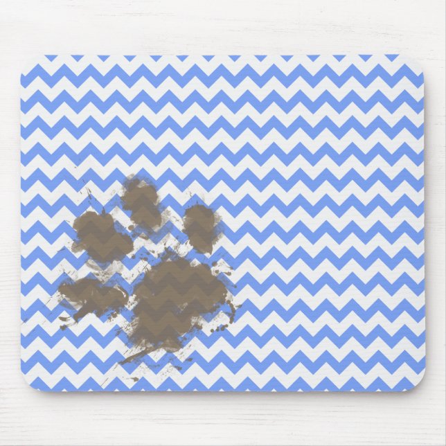 Lustigt Muddy Paw-utskrift på Blue Chevron Musmatta (Framsidan)