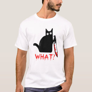 Lustigt Murderous Black Cat vad? Holding Knivar T- T Shirt