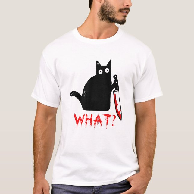 Lustigt Murderous Black Cat vad? Holding Knivar T- T Shirt (Framsida)