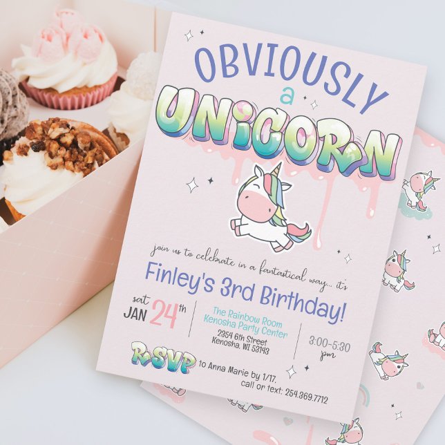 Lustigt nog en enhörnig regnbågsfågel inbjudningar (Cute Obviously A Unicorn funny Kawaii pink purple rainbow graffiti girly birthday party invitation)