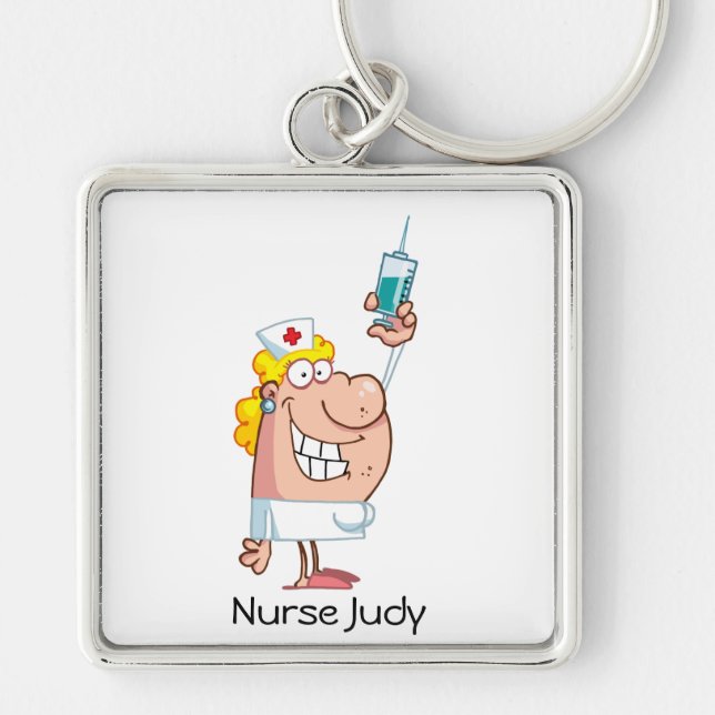 Lustigt Nurse med spruta-skott Fyrkantig Silverfärgad Nyckelring (Framsidan)