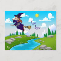 Lustigt och Cute Witch på ett Broomstick-vykort