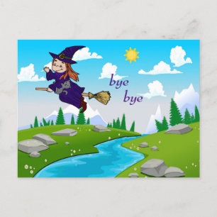 Lustigt och Cute Witch på ett Broomstick-vykort Vykort