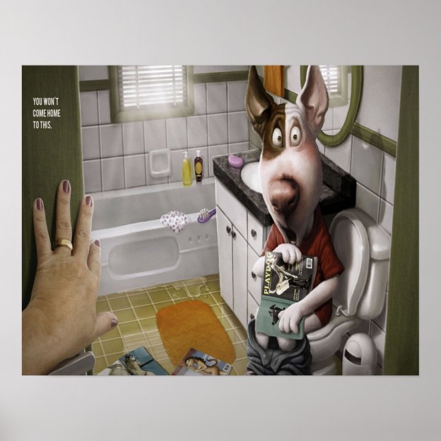 Lustigt och rutt Hund i Bathroom Poster (Framsidan)