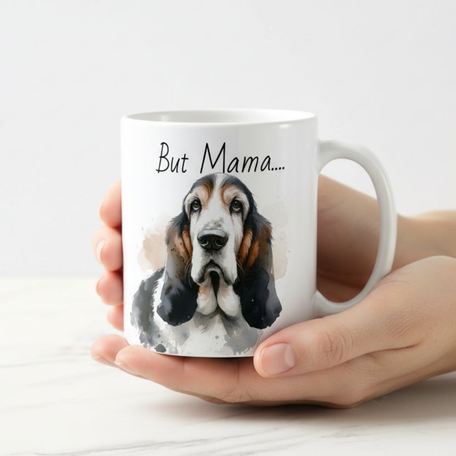 Lustigt  och vit " Men Mamma". Basset Hound Kaffemugg (Skapare uppladdad)