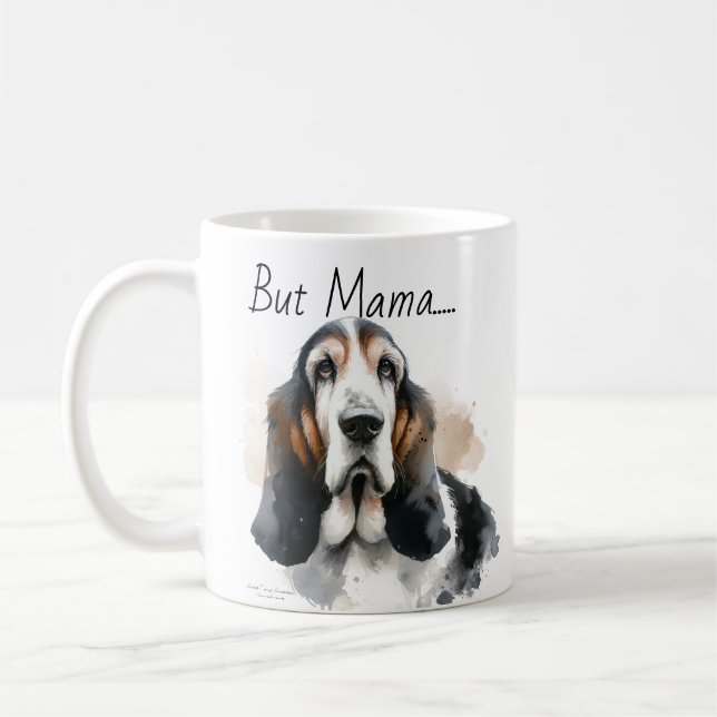 Lustigt  och vit " Men Mamma". Basset Hound Kaffemugg (Vänster)