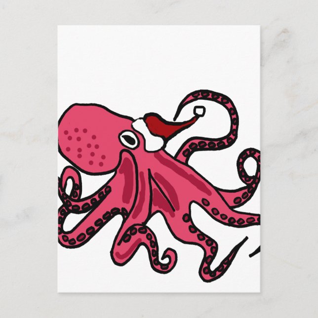 Lustigt Octopus i jultomten Art Helg Vykort (Framsida)