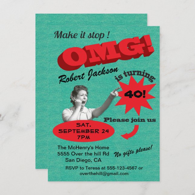 Lustigt över backe-milstolpen för födelsedagsinbju inbjudningar (Fram/baksida)