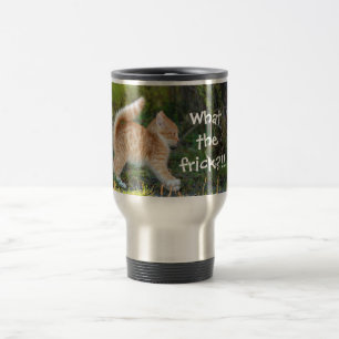 Lustigt överraskad Ginger Kitten. Vad är det? Resemugg