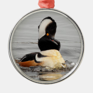 Lustigt överraskat Hooded Merganser Waterfowl Anka Julgransprydnad Metall