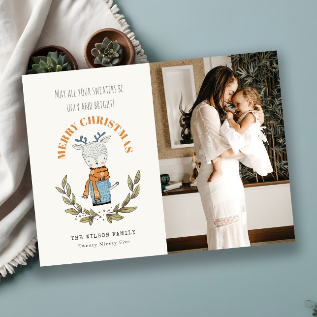 Lustigt Photo Ugly Sweater Leafy Reindeer Jul Julkort (Skapare uppladdad)