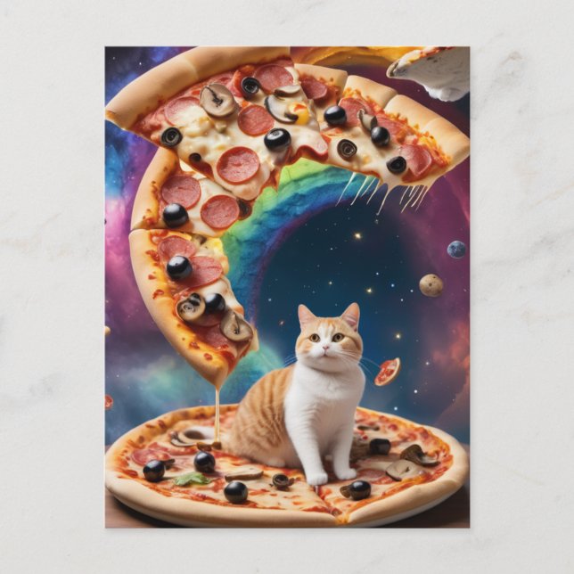 Lustigt Pizza Cat i rymden Flytande Pizzas Vykort (Framsida)