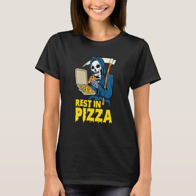 Lustigt Pizza Grim Reaper rest in Pizza Halloween T Shirt (Framsida)
