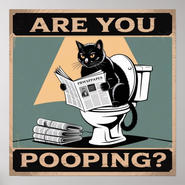 Lustigt "Pooping?" Black Cat på Toilet Poster (Framsidan)