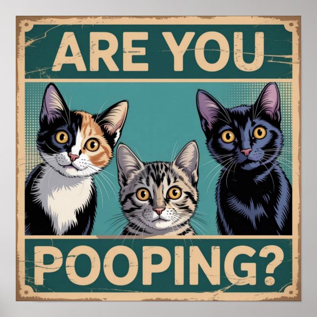 Lustigt "Pooping?" Calico, Tabby och Black Cat Poster (Framsidan)