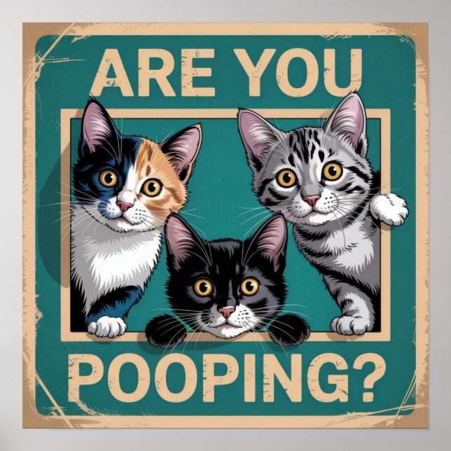 Lustigt "Pooping?" Calico, Tabby och Black Cat Poster (Framsidan)