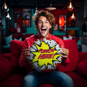 Lustigt popkonst "Slå här" Rund Kudde