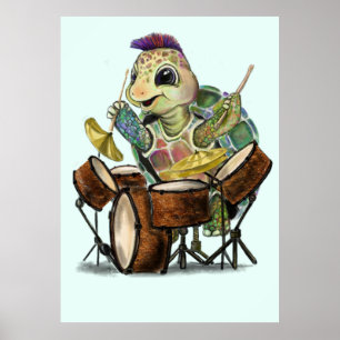 Lustigt Poster med Turtle Drummer - Målning