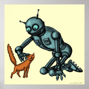 Lustigt poster robot- och kattkonst