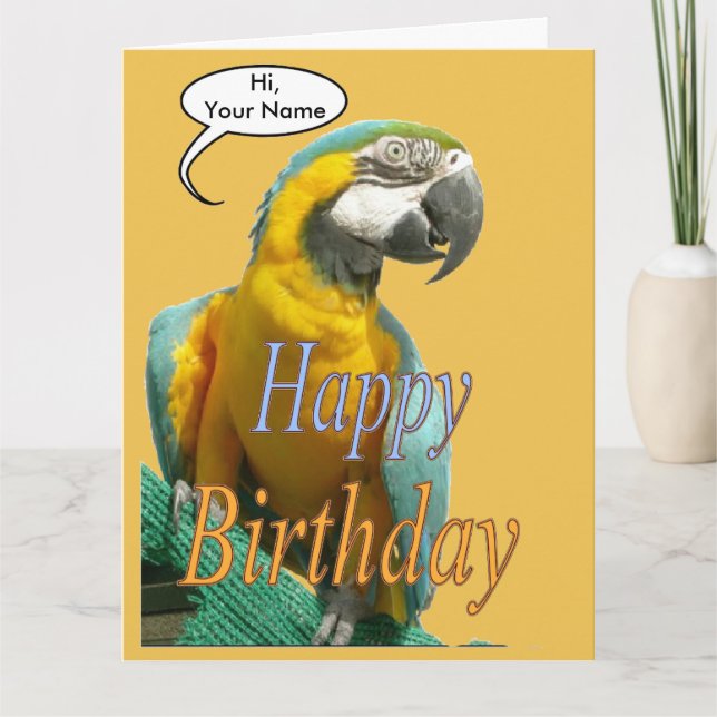 Lustigt pratande Parrot Birthday Cust. Kort för hä (Framsida)
