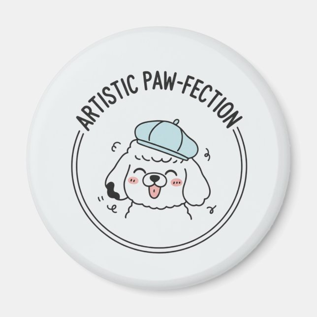Lustigt Pudel Tecknad Illustration med Blue Beret Magnet (Framsidan)
