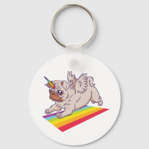 Lustigt PUG vill vara en Hund för Unicorn Rainbow Nyckelring