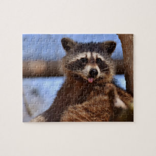 Lustigt Raccoon som håller fast det är Tunga ut fo Pussel