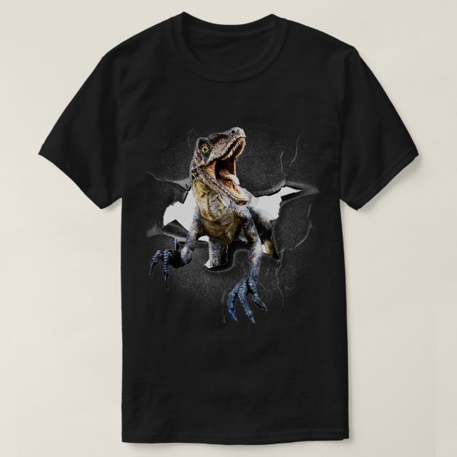Lustigt Raptor Dinosaur Poking Head, Cracks Wall T Shirt (Design framsida)
