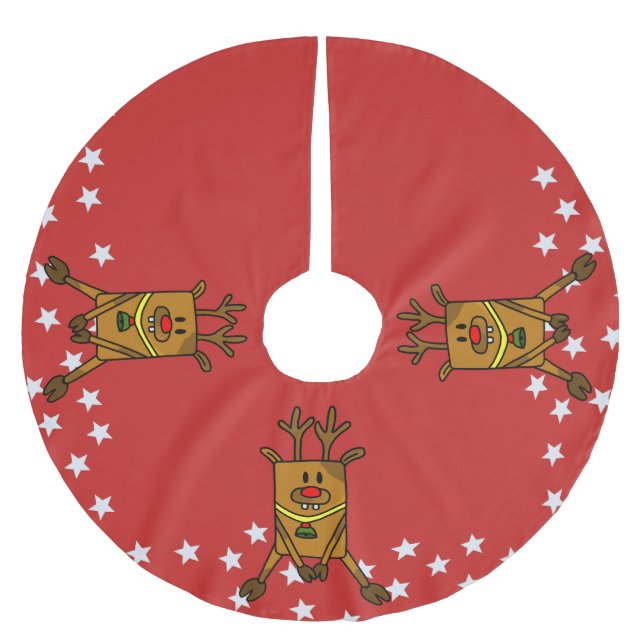 Lustigt renare med vita stjärnor på Röd jul Julgransmatta Borstad Polyester (Framsidan)