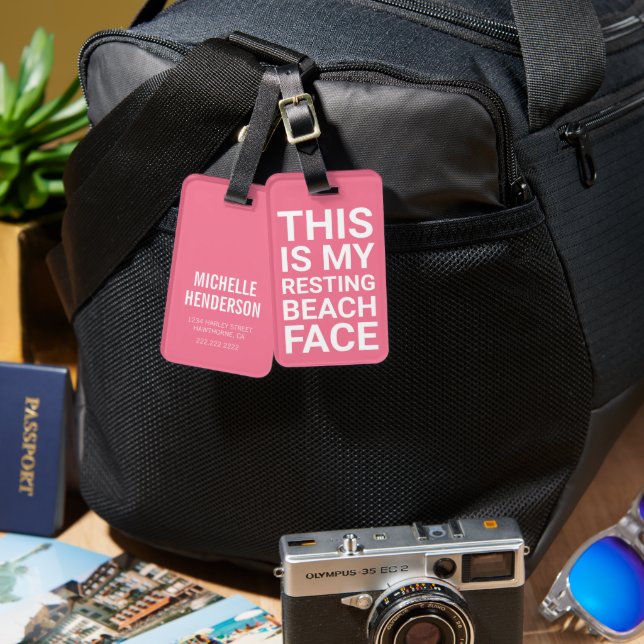 Lustigt Resterande Beach Ansikte | Rosa Travel Bagagebricka (Fram & Baksida)