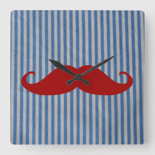 Lustigt rödmustache och blå vit Rand Fyrkantig Klocka
