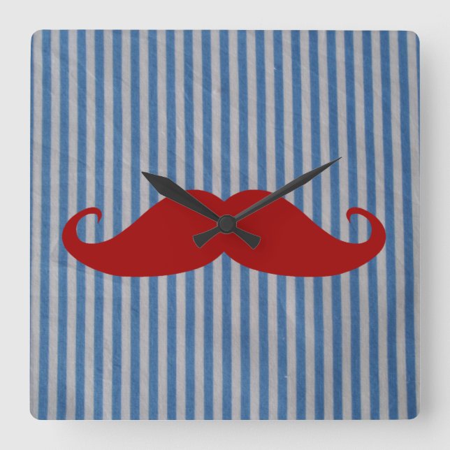 Lustigt rödmustache och blå vit Rand Fyrkantig Klocka (Framsida)