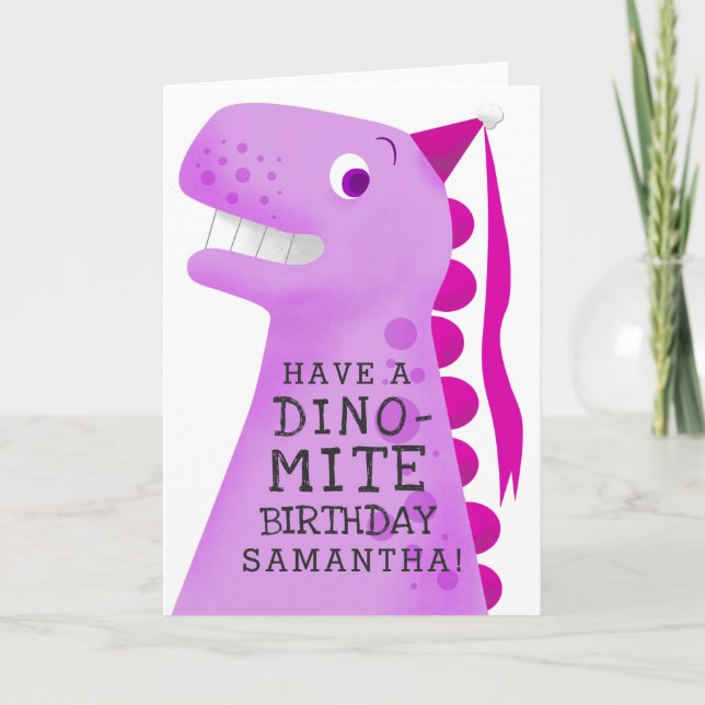 Lustigt Rosa Dinosaur Barns födelsedag Kort (Framsida)