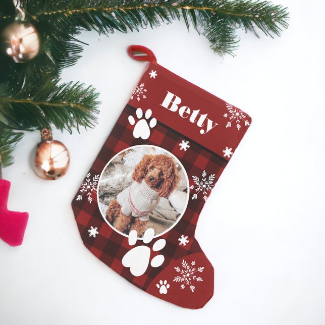 Lustigt rött, svart hund, husfoto Jul Liten Julstrumpa (Funny cute red black plaid dog pet photo Christmas Small Christmas Stocking)