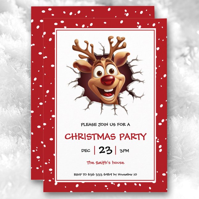 Lustigt Rudolph Reindeer Jul Party-inbjudan Inbjudningar (Funny Rudolph Reindeer Christmas Party Invitation)
