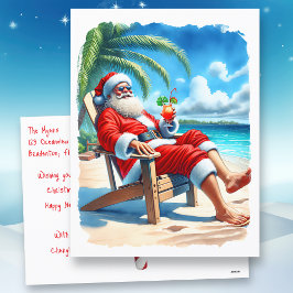 Lustigt Santa Enjoeing a Cocktail on Beach Helg Vykort