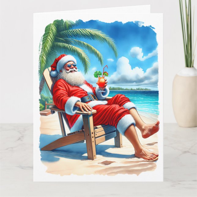 Lustigt Santa Enjoeing a Cocktail on Beach Kort (Framsida)
