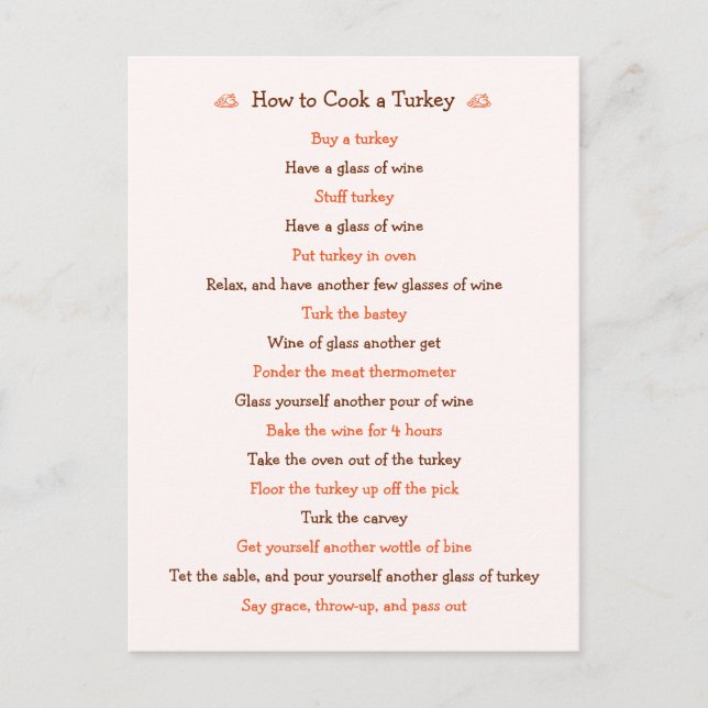 Lustigt sätt att koka Turkiet Thanksgiving Recipe Helg Vykort (Framsida)