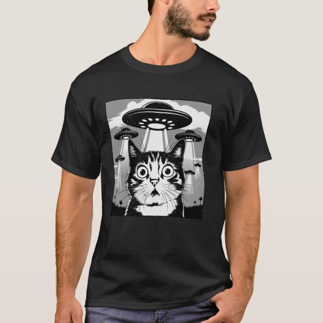Lustigt Sci-Fi, stöpt Kat Meme Alien Invasion, UFO T Shirt (Framsida)