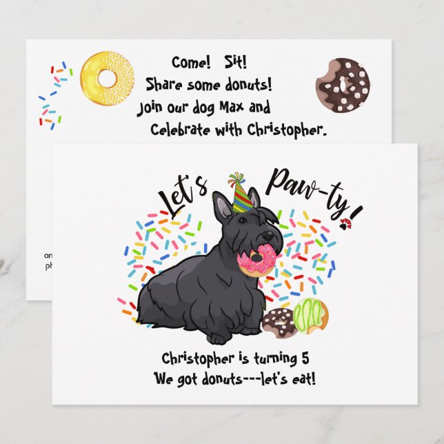 Lustigt Scottish Terrier Hund Donuts Födelsedagsfe Inbjudningar (Fram/baksida)