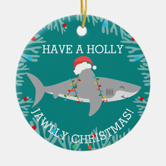 Lustigt Shark Round Ornament med Namn (Framsidan)
