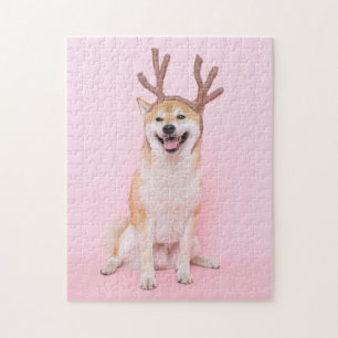 lustigt shiba inu med hjort christmas-kostym pussel