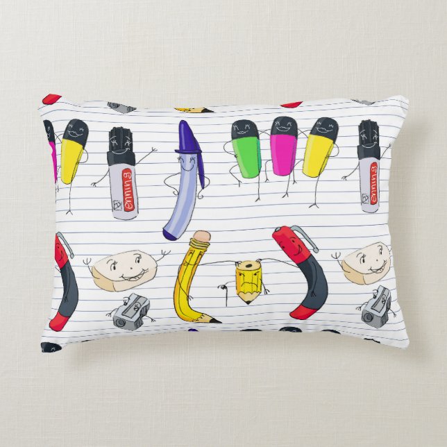 Lustigt skolmaterial innehåller tecken. prydnadskudde (Framsidan)