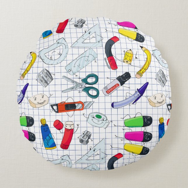 Lustigt skolmaterial innehåller tecken. rund kudde (Framsidan)