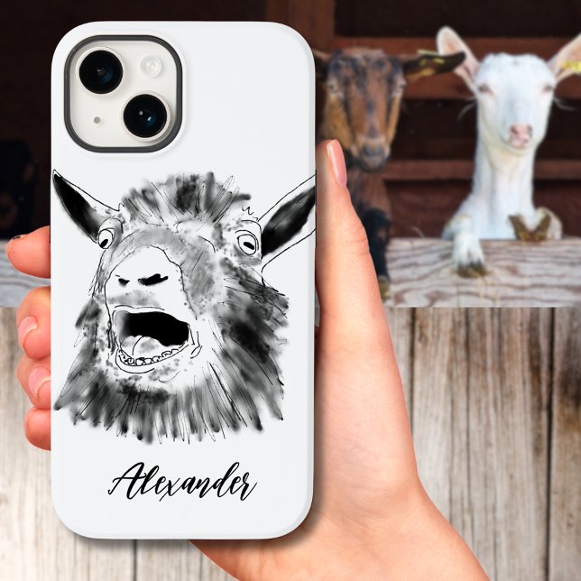 Lustigt skrikande Goat Black and White add Namn (Funny screaming goat black and white illustration add name typography script iPhone case)