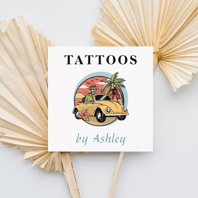 Lustigt Skull Illustration Tropical Exotic Tattoo Fyrkantigt Visitkort (Skapare uppladdad)
