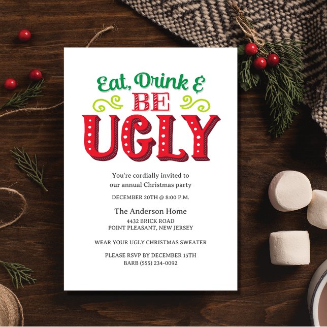 Lustigt smakfull Drick Väl Jul Party Inbjudningar (Funny Eat Drink Be Ugly Christmas Party Invitation)